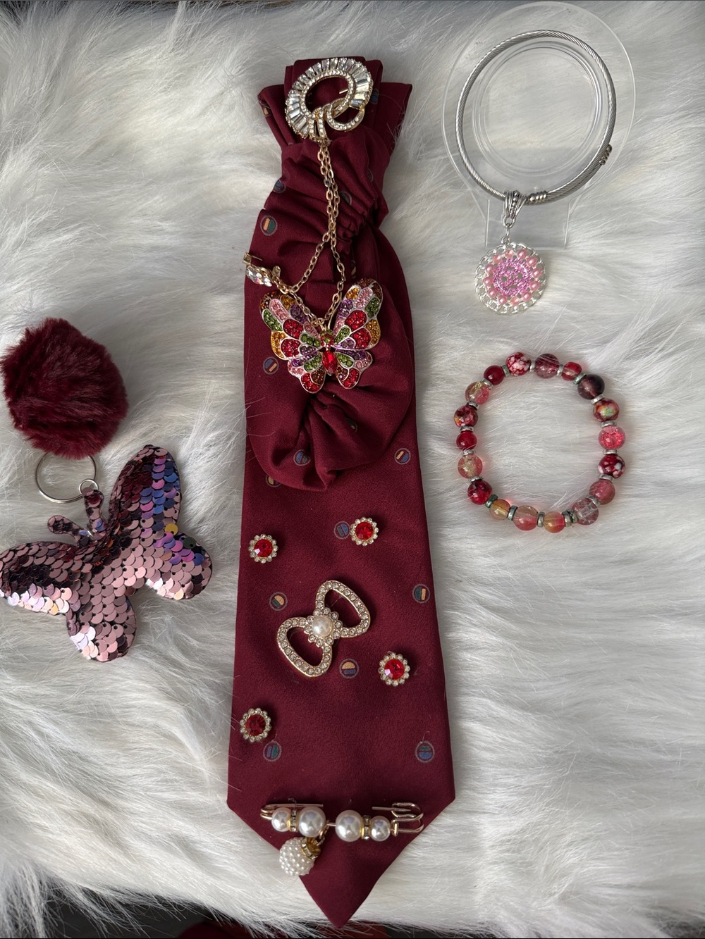 Elegant Burgundy Butterfly Junk Tie Tie Accessory Set - Women Accessories
